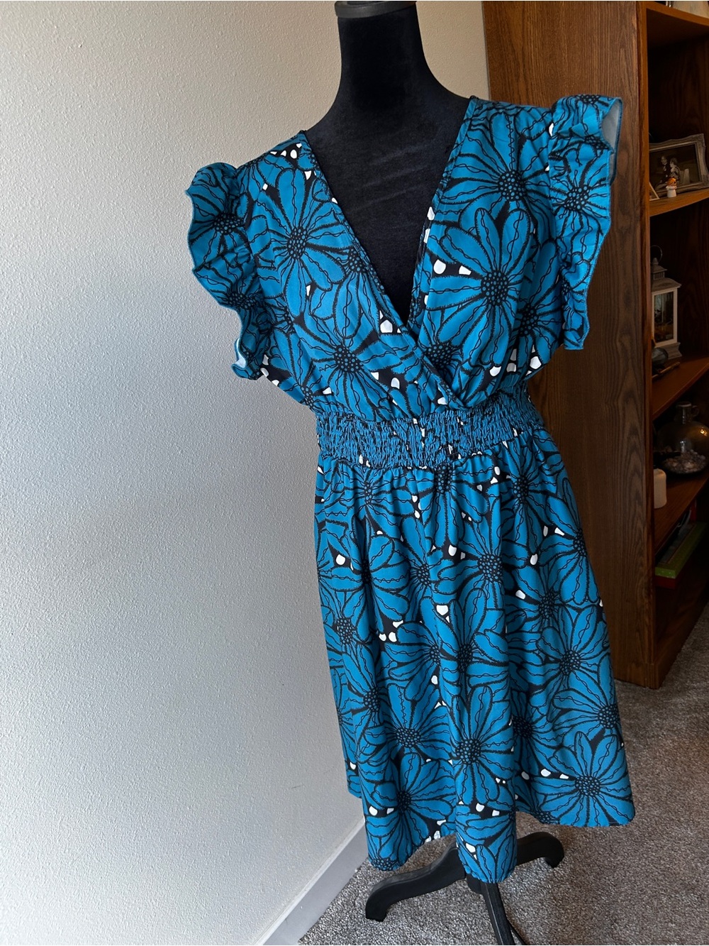 SHEIN Teal Floral V-Neck Smocked Waist Dress with Flutter Sleeves